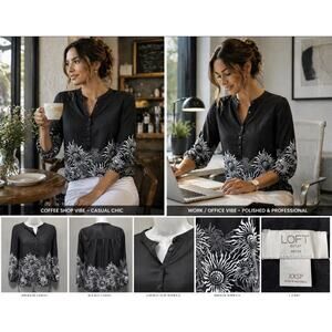 LOFT Outlet Petite XXSP Black White Floral Blouse 3/4 Sleeve Lightweight Boho